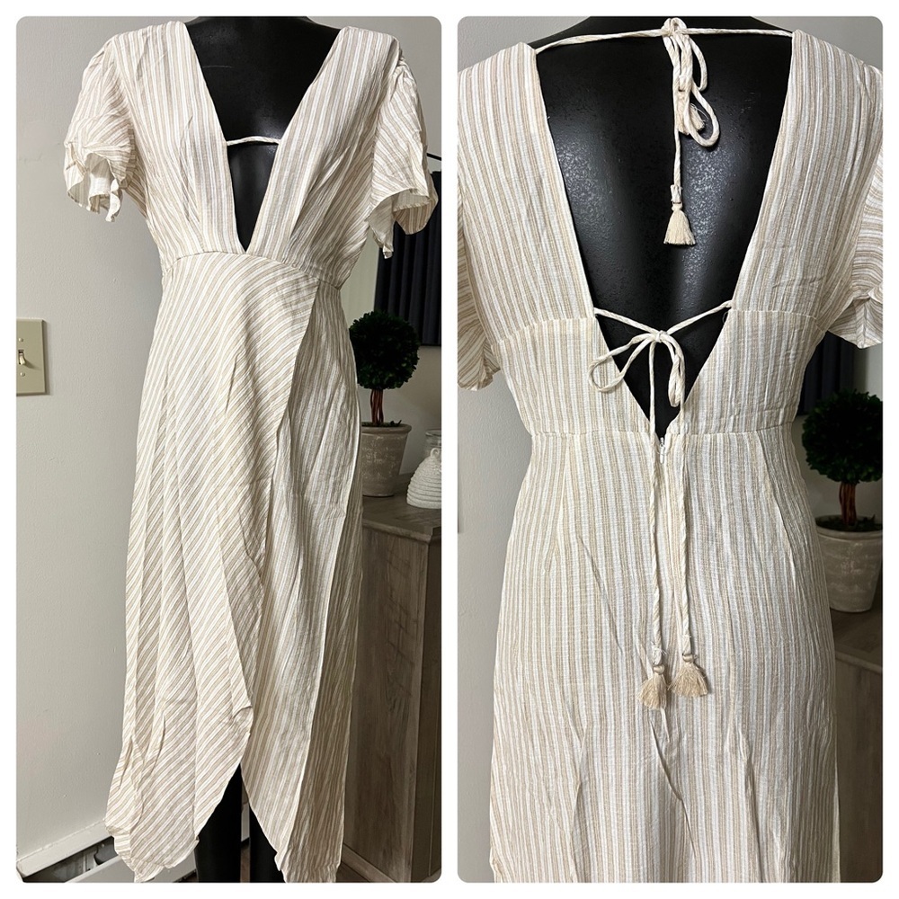 Tan White Plunging Neck Midi Dress